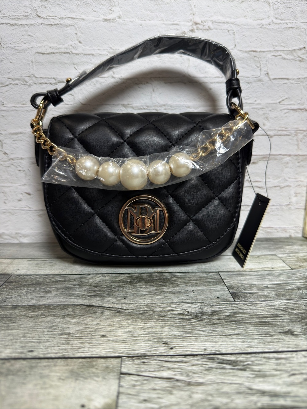 Badgley Mischka Black Small Crossbody Bag Pearl Chain Gold Hardware Turn Lock